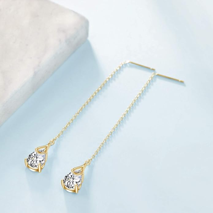 POPLYKE Sterling Silver CZ Threader Earrings Teardrop Chain Tassel Dangling Earrings for Women Dangling Jewelry