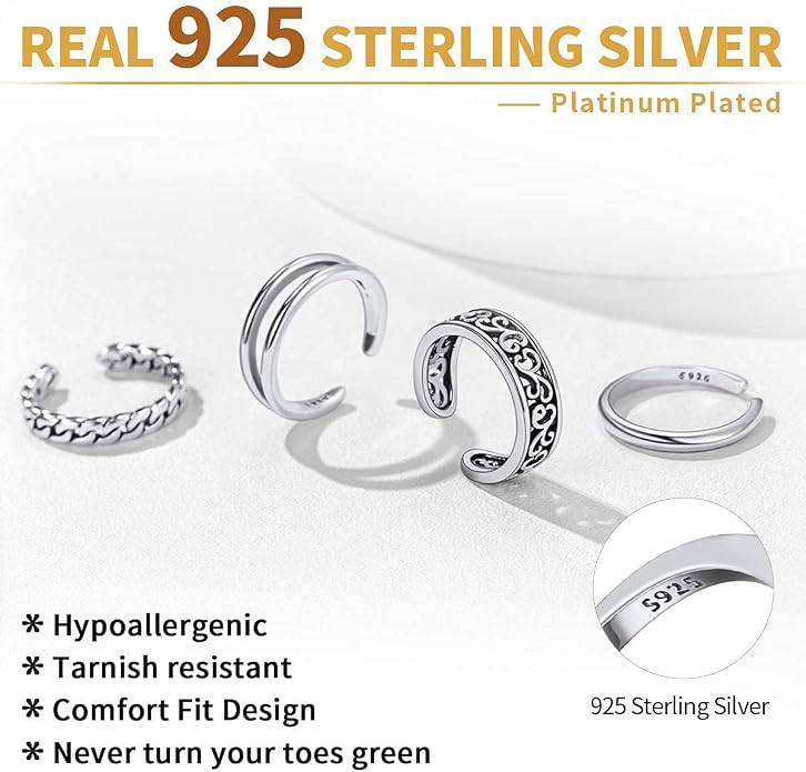 ChicSilver 925 Sterling Silver Toe Ring Minimalist Hypoallergenic Adjustable Band Ring Summer Beach Bare Foot Jewelry