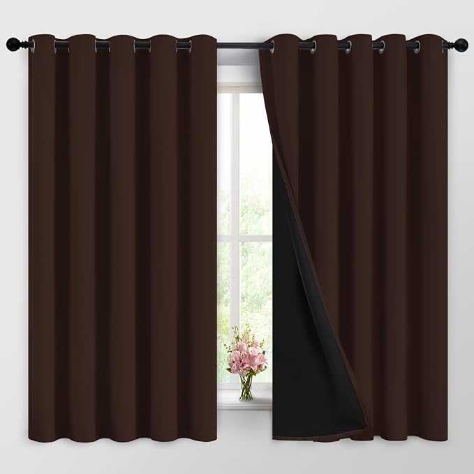 Yakamok Chocolate Brown Blackout Curtains 63 Inches Long 62" Wide, 2 Panels | Blackout Curtain Panels for Bedroom, 2 Thick Layers Grommet Top Thermal Insulated Drapes with Black Liner for Living Room