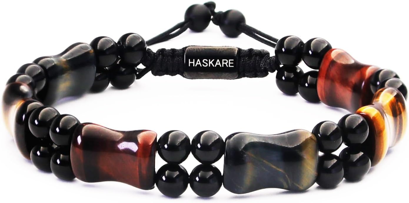 HASKARE Healing Crystals Tiger Eye Bracelets for Men, Mens Jewelry Beads Protection Crystal Tigers Eye Bracelet, Genuine Stone Bead Bracelet Anxiety Relief Drawstring Flatbead Bracelets Gift for Him