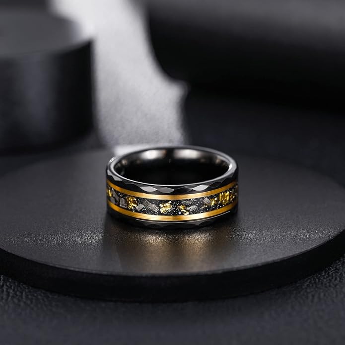 Greenpod 8MM Tungsten Carbide Rings for Men Hammered Polished Faceted Edge Wedding Band 24K Gold Plated Foil with Black Dinas Inlay Comfort Fit Size 7-13