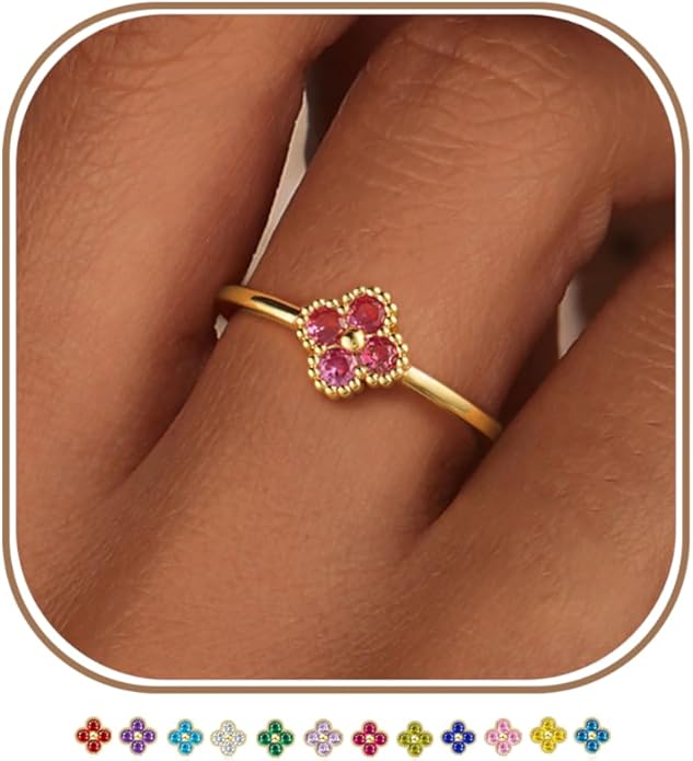 KAERUN Clover Birthstone Gold Rings for Women Non Tarnish 14K Gold Plated Stackable Thumb Ring Dainty Clover CZ Gemstone Emerald Engagement Rings Wedding Band Jewelry for Birthday Gifts Size 6-10