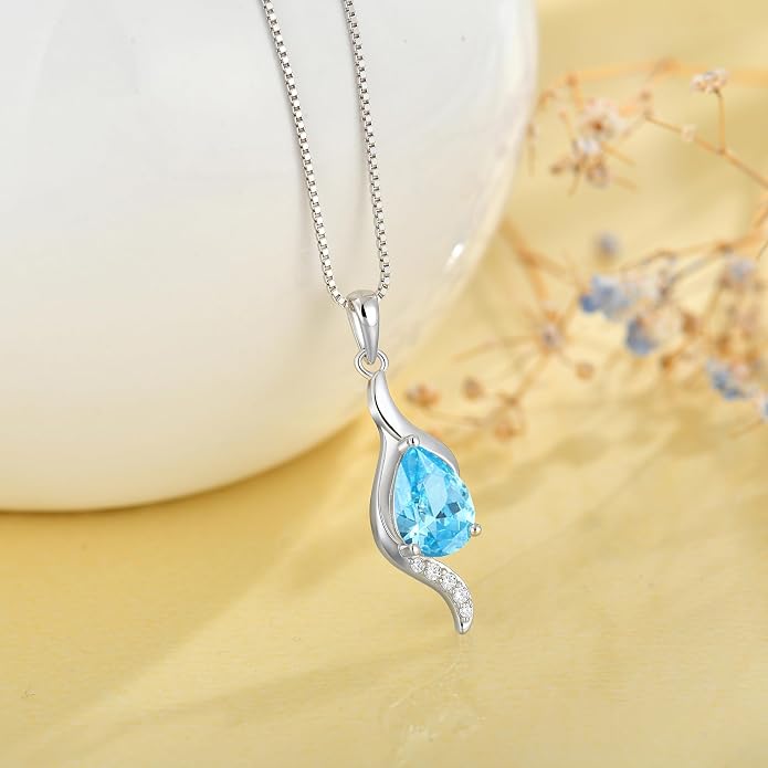JO WISDOM Birthstone Necklace for Women Teardrop Cubic Zirconia Necklace 925 Sterling Silver Fine Jewelry Birthday Gifts for Women