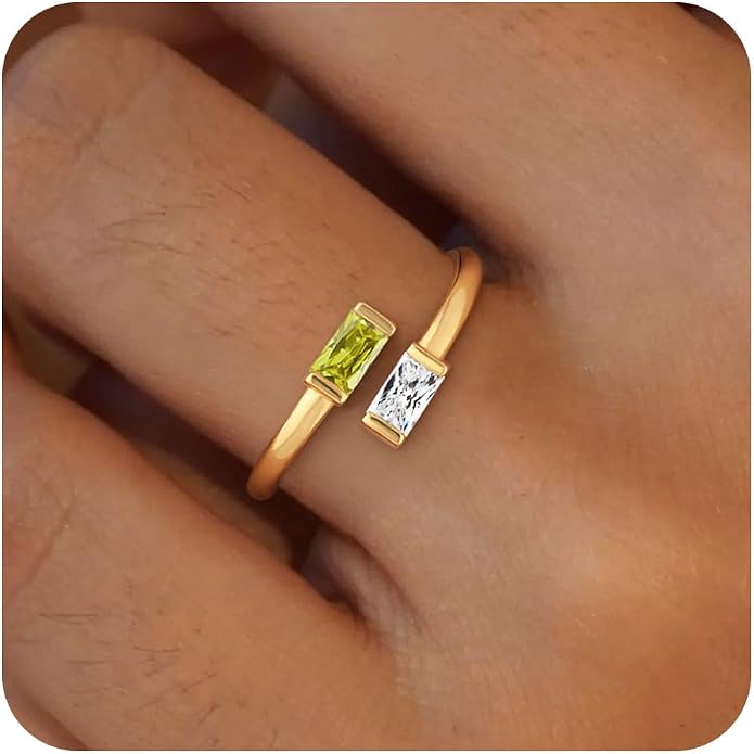 Honsny Gold Birthstone Rings for Women Non Tarnish 14K Gold Plated Adjustable Emerald Ring Cubic Zirconia Gemstone Promise Ring for Her Engagement Personalized Waterproof Jewelry Gifts for Birthday