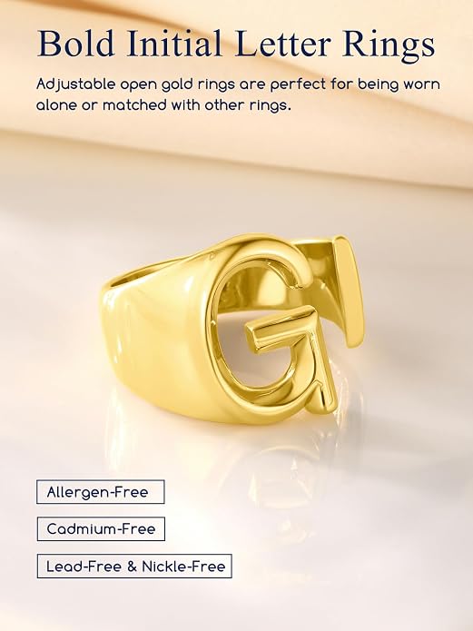 Suplight Nikel Free 18K Gold Plated Letter Rings, Fashion Monogram Jewelry Statement A-Z Wide Name Initial Alphabet Adjustable Open Ring for Women