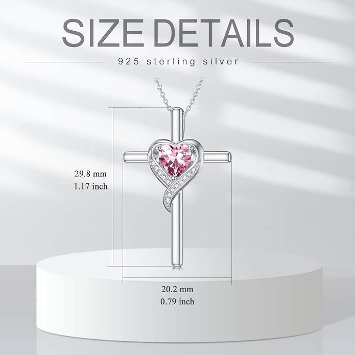 TOUPOP Birthstone Cross Necklace for Women 925 Sterling Silver Heart Cross Pendant Necklace Mothers Day Birthday Jewelry Gifts for Mom Wife Her