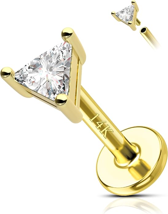 COCHARM 14K Real Gold Helix Cartilage Conch Earring, 16g Flat Back Triangle Tragus Piercing Jewelry, Solid Gold Lip Ring Stud, Yellow Gold Labret Jewelry