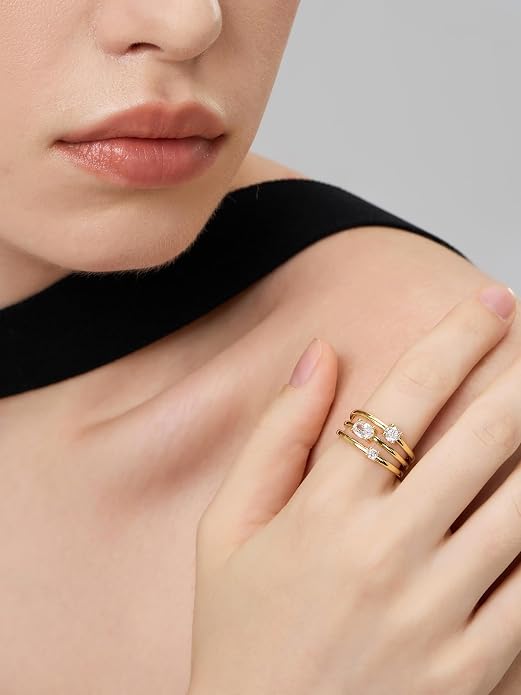 14k Gold Rings For Women,Dainty Chunky Gold Stacking Rings, 3-in-1 One Piece Ring,Trendy CZ & Opal Statement Ring for Women