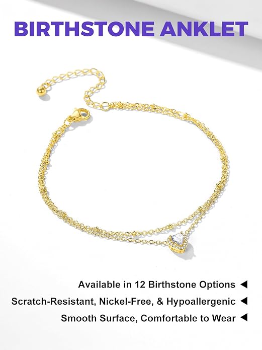 Richsteel Double Layer Heart/Butterfly Birthstone Anklet for Women Non Tarnish Waterproof, Silver/Gold/Black Stainless Steel 8.5-10.5 Inch Adjustable Chain Anklets Jewelry Gifts for Her