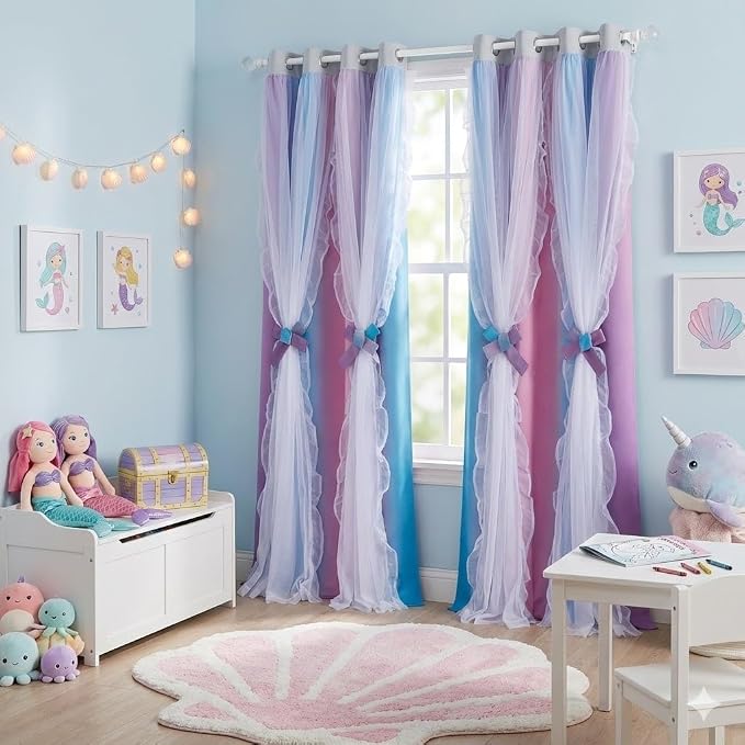 PONY DANCE Ruffle Curtains Double Layers Sheer Overlay Shabby Chic Decoration for French Country Rustic Design Window Covering with Tiebacks, 52" Wide x 84" Long, Blue-Pink, 2 Panels