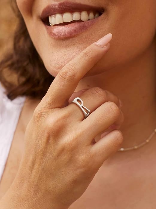 SILVERCUTE 925 Sterling Silver Initial Rings for Women,Adjustable Capital Letter Ring Hypoallergenic,Minimalist 925 Silver Rings for Mother Daughter