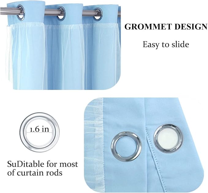 Short Blue Blackout Curtains 63 Inch Length with Sheer - Double Layered Light Blue Grommet Window Treatment for Kids/Children's Boys Bedroom Living Room Nursery, Baby Blue, 2 PCs