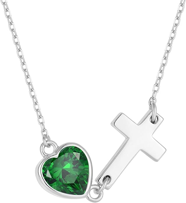 Sideways Cross Necklace with Heart Birthstone 925 Sterling Silver Dainty Tiny Cute Necklace Christian Religious Faith Gifts