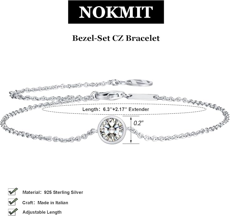NOKMIT Solid 925 Sterling Silver Bracelets for Women, Dainty Interlocking Circles Cubic Zirconia Adjustable Chain Bracelet, Trendy Stackable Link Bracelets, Simple Cute Jewelry Gifts