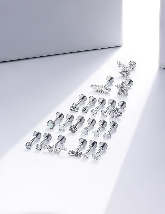 14K Gold Filled 20G 18G 16G Threadless Flat Back Earrings Studs Surgical Stainless Steel Opal CZ Push In Nose Rings Studs Tragus Helix Conch Cartilage Earrings Piercing Jewelry For Women Men