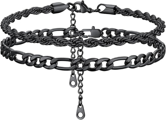 KeyStyle Paperclip Ankle Bracelets for Women, 14k Gold Plated Cuban Chain Rope LInk Anklets Sets, Stainless Steel Figaro Layered Anklet Pack Summer Jewelry(2PCS, 3PCS)