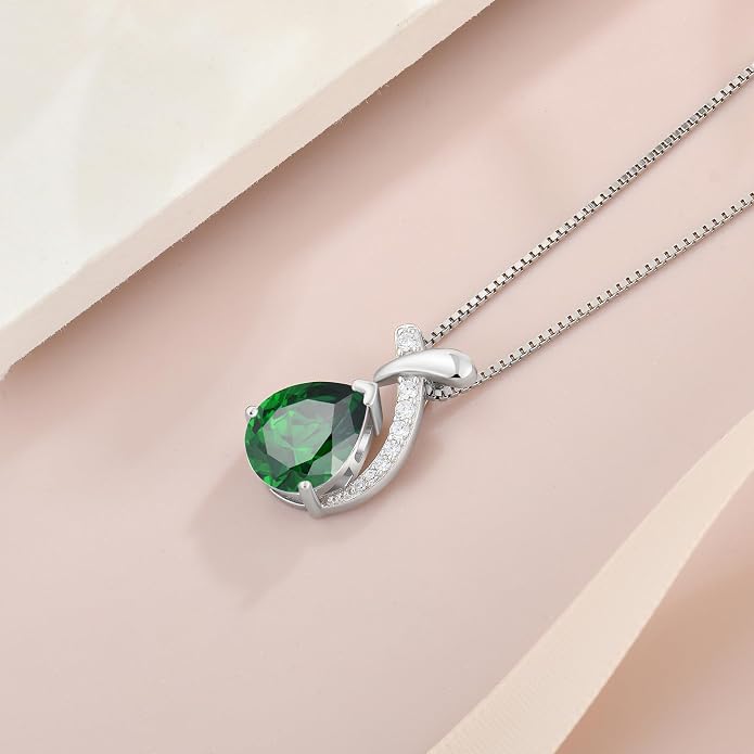 Teardrop Birthstone Necklace for Women,925 Sterling Silver Pear Cut Zircon Gemstone Pendant Necklace for Birthday Engagement Anniversary Wedding Jewelry
