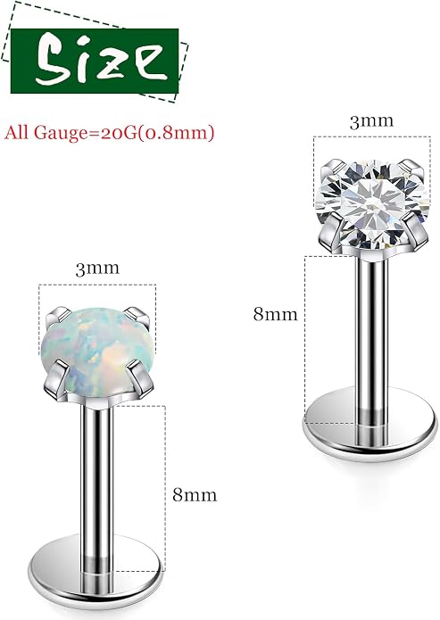 F136 Titanium Flat Back Screw on Nose Rings Earrings 20g 18g Stud for Men Women Cartilage Tragus Lip Labret Piercing Jewelry 6mm 8mm Hypoallergenic Internally Threaded