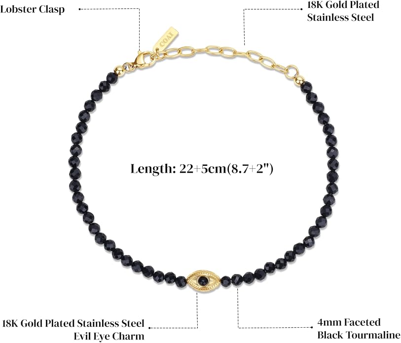 COAI Evil Eye Anklet for Women, Summer Waterproof Anklet for Women Lapis Lazuli Moonstone Black Tourmaline Ankle Bracelet