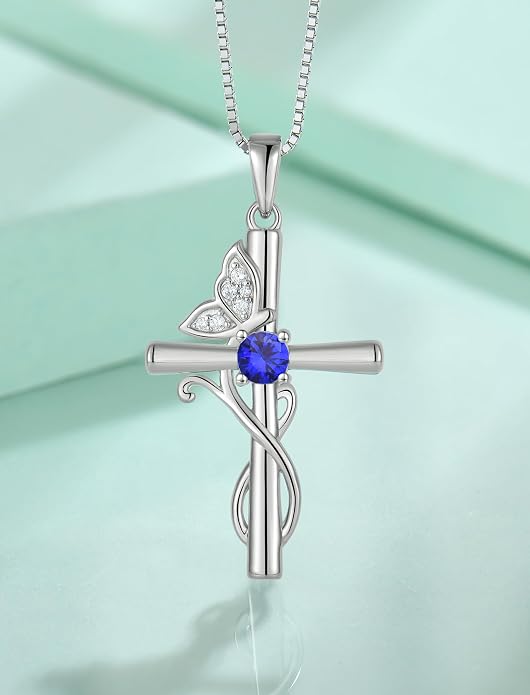 STARCHENIE Butterfly Cross Necklace 925 Sterling Silver Crucifix Pendant Birthstone Jewelry for Women