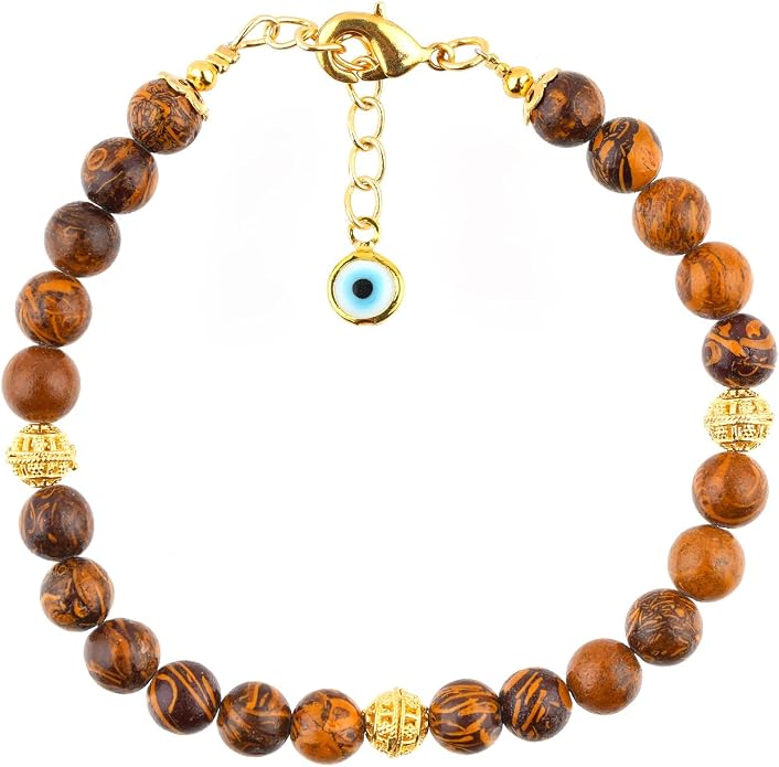 AAA Grade Natural Gemstone Beaded Bracelet, 14K Gold Plated with Evil Charm, Wicca & Reiki Healing Crystals, Handmade Bohemian Jewelry, Christmas Gift for Women (7+1inch)