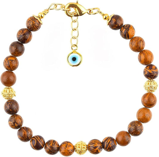 AAA Grade Natural Gemstone Beaded Bracelet, 14K Gold Plated with Evil Charm, Wicca & Reiki Healing Crystals, Handmade Bohemian Jewelry, Christmas Gift for Women (7+1inch)