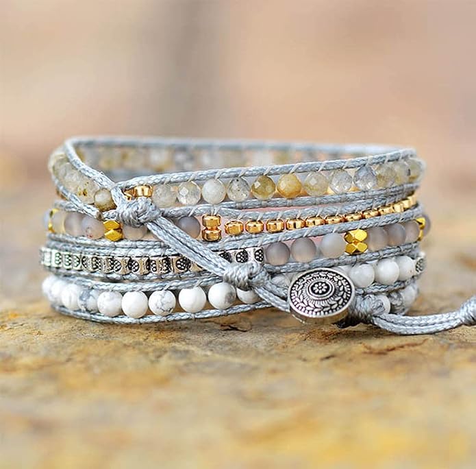 Women Wrap Bracelet Boho Natural Jasper Crystal Stone Beads Strand Bracelets