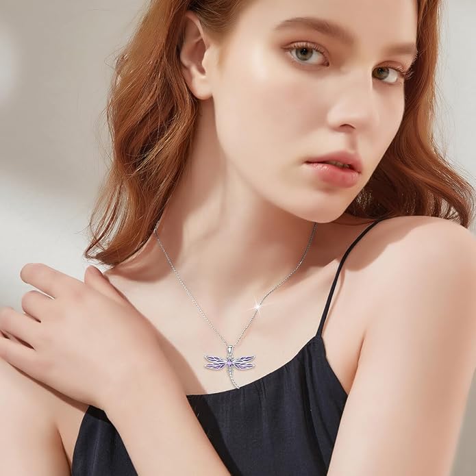925 Sterling Silver Dragonfly Necklace for Women Purple Cubic Zirconia Dragonfly Pendant Ladies Jewelry Gifts