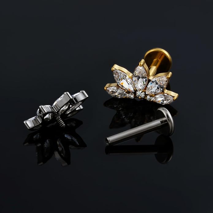 FINE4U 1PC ASTM F136 Titanium 16G Flatback Stud for Tragus, Helix, Conch 6mm 8mm - Screw on Cartilage Earring Piercing Jewelry