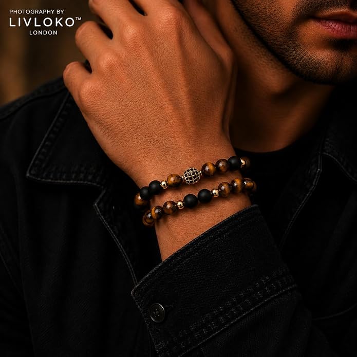 LONDON Mens Bracelet Leather Black Multi-Layer Stone Beads Adjustable Steel Clasp Viking Rope Bands Surfer Man Wristband Male UK Jewellery Gift box Boyfriend Dad Son Brother Tiger Eye