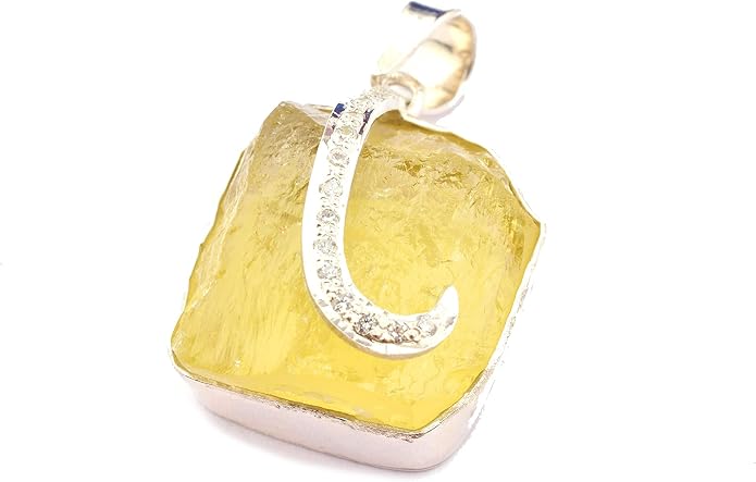 Natural Raw Lemon Quartz Stone Rough Crystal Gemstone Dainty Women Pendant Necklace, Chakra Healing Crystals, Birthstone, Gift, Rhodium Plated 925 Sterling Silver Chain 18 inch