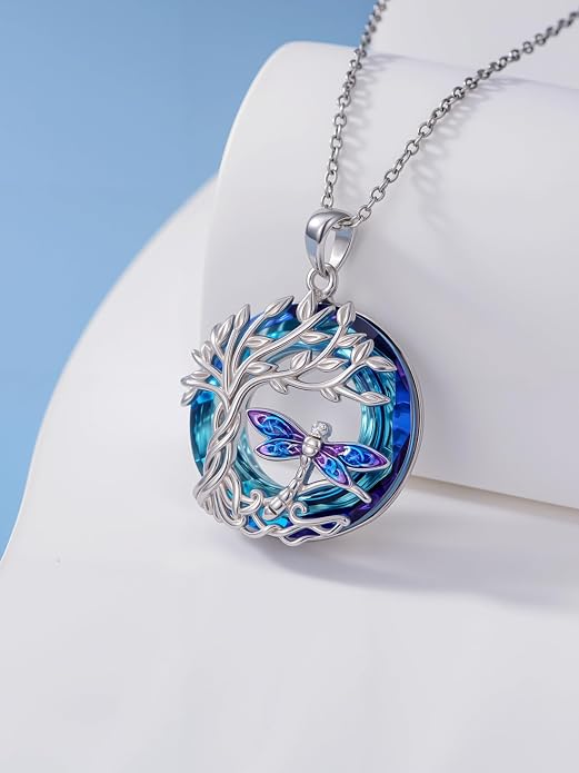 TOUPOP Sterling Silver Tree of Life Hummingbird/Dragonfly/Owl/Panda Necklace Crystal Bird Jewelry Birthday Christmas Valentines Day Gifts for Her Girlfriend Mom