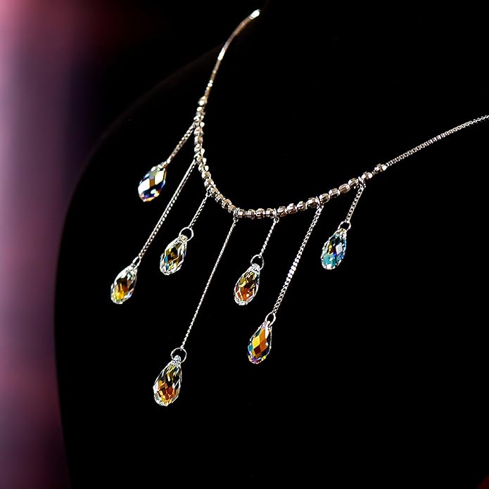 925 Sterling Silver Handmade Crystals Rain Drop Tassel layered Pendant Boho necklace statement Chandelier shape Lobster Clasp Length Choker 18"+2" Ideal Gift for Women Ladies Dress accessories.