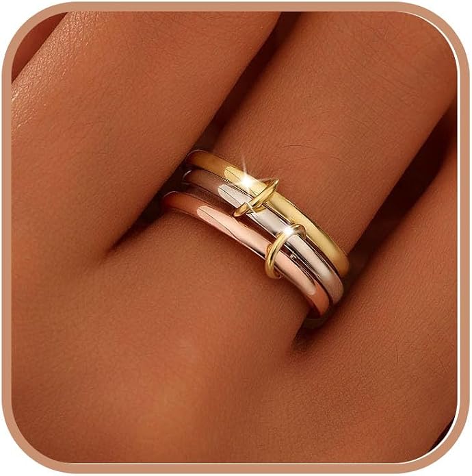 925 Sterling Silver Trinity Interlocking Fidget Anxiety Ring for Women 14K Gold Plated Spinner Stackable Promise Rings for Men Statement Connect 3 Finger Knuckle Ring Mothers Day Wedding Jewerly Gifts