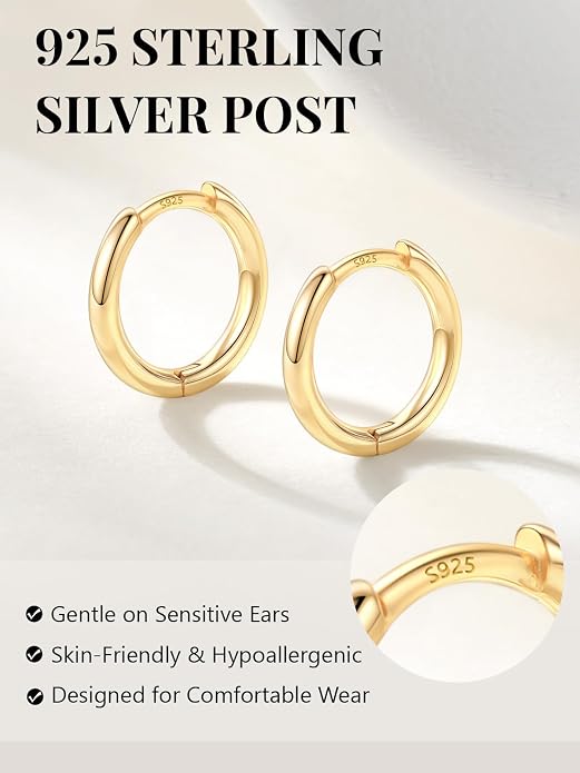 Silvora 14K Gold Plated Huggie Hoop Earrings for Women, Small Sterling Silver Hoops, Hypoallergenic Cartilage Earrings for Sensitive Ears 8/10/12/14/16/18/20MM