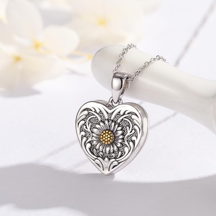 MEDWISE 925 Sterling Silver Locket Necklace That Holds Pictures Photo Necklace Oxidized Rose Flower/Sunflower/Compass/Celtic Heart Pendnat Lockets Gifts for Women Birthday Christmas Gifts