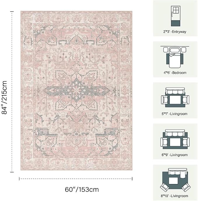 Rugxara Pink Rug 5x7 Area Rugs Washable Rug for Bedroom Nursery Room | Non Slip, Rug for Living Room Girls Kids Room Dining Room, Stain Resistant, Soft, Vintage Boho Carpet, Low Pile, Home Decor