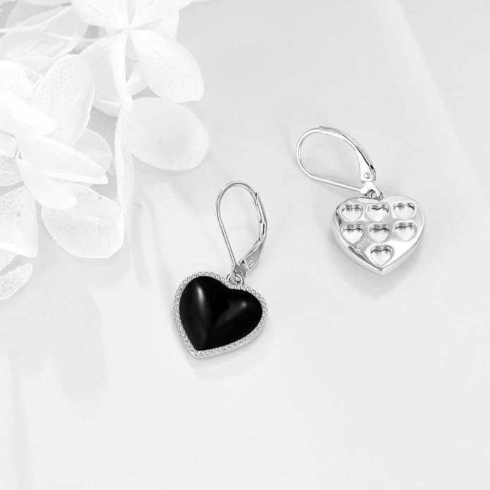Mother of Pearl/Black Onyx/Abalone Shell Heart Leverback Dangle Earrings Sterling Silver Fashion Jewelry Gifts for Women