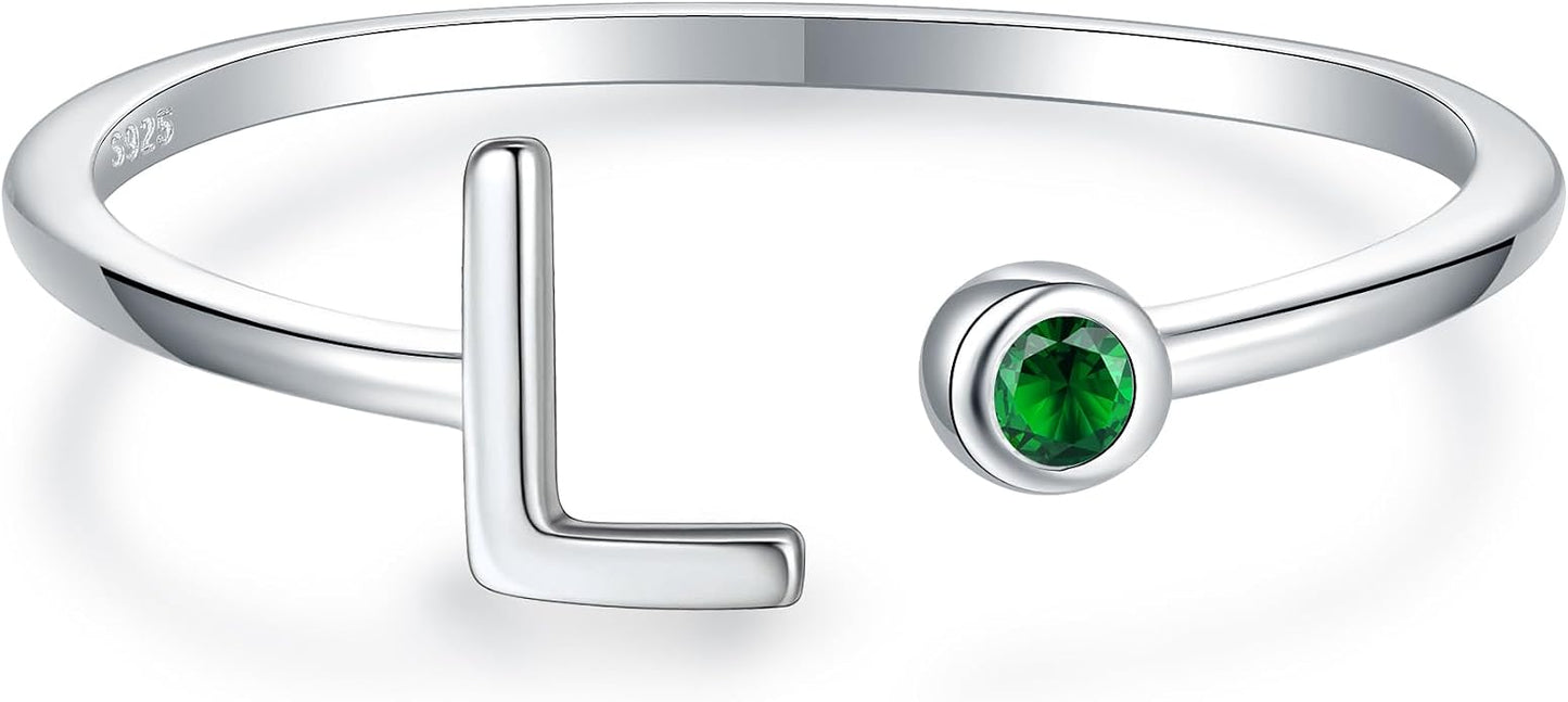 925 Sterling Silver Initial Letter Birthstone Rings for Women Adjustable 1-12 Month Birthstone Alphabet Stacking Ring for Teens Girls Stackable Birthstone Rings Birthday Jewelry Gift for Daughter Mom