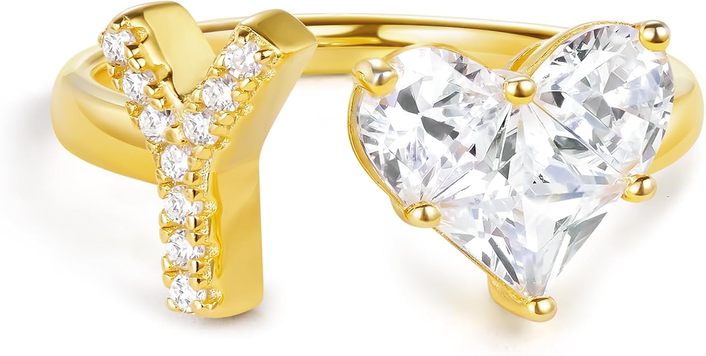 KissYan Sterling Silver Initial Heart Ring for Women, S925 Letter Rings 14K Gold Plated Open Adjustable Dainty Pave CZ Personalized Fashion Trendy Gifts for Mother's Day