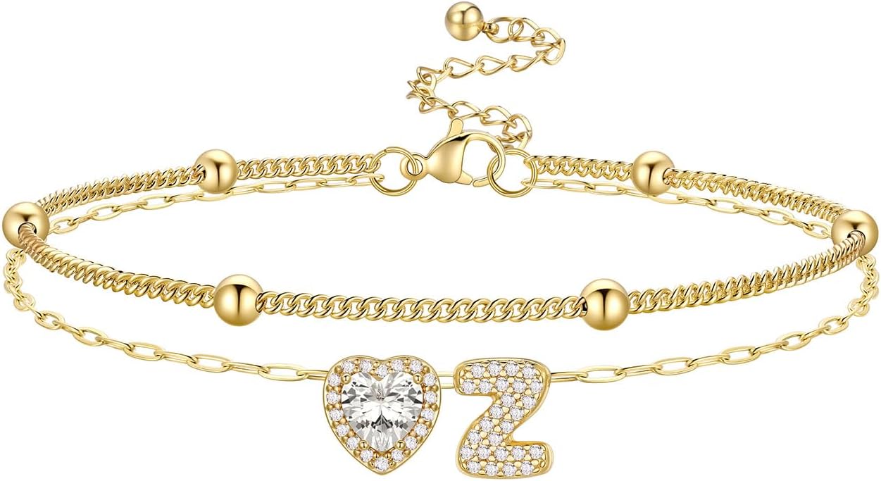 Bestyle Initial Anklet Bracelets for Women Waterproof Non Tarnish 14K Gold/White Gold Plated CZ Anklets for Women Dainty Layered Letter Heart Ankle Bracelets Adjustable Foot Chain Anklet