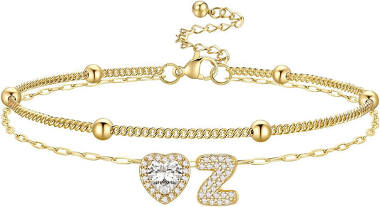 Bestyle Initial Anklet Bracelets for Women Waterproof Non Tarnish 14K Gold/White Gold Plated CZ Anklets for Women Dainty Layered Letter Heart Ankle Bracelets Adjustable Foot Chain Anklet