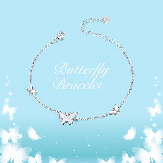 WINNICACA Sterling Silver Butterfly Bracelet Anklet Created Opal Butterfly Jewelry Gifts for Women Birthday Christmas Day Gifts