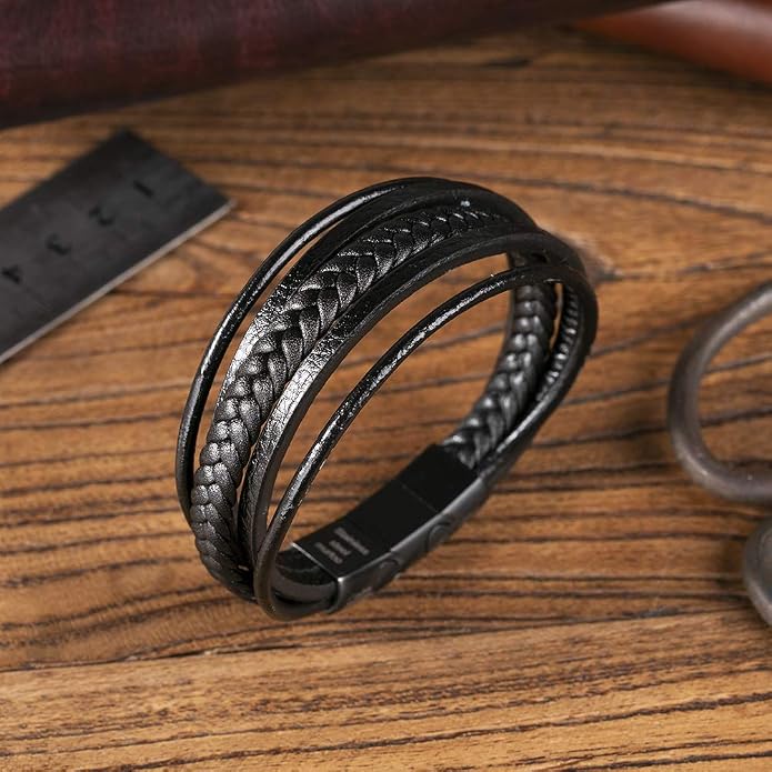murtoo Mens Leather Bracelet with Clasp Cowhide Multi-Layer Braided Leather Mens Bracelet