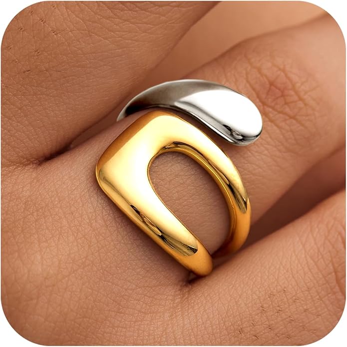 Gelbesty Waterproof Gold Statement Rings for Women, 14K Gold Plated Chunky Open Stackable Rings Non Tarnish Fashion Adjustable Stainless Steel Pinky Knuckle Signet Vintage Ring Jewelry Size 5-11