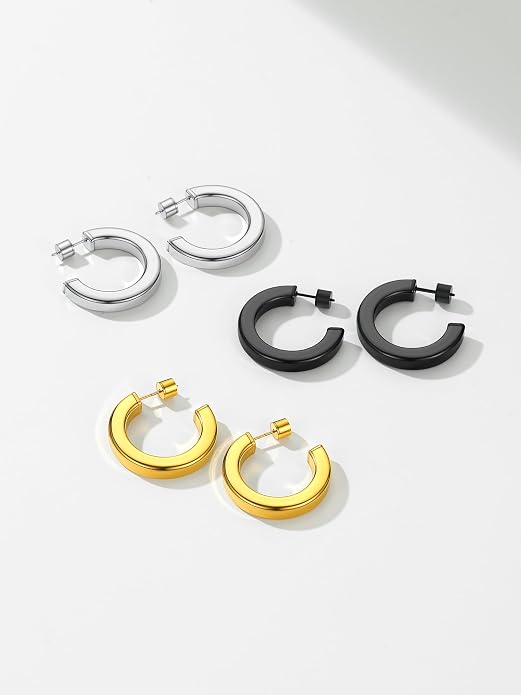 Stainless Steel Chunky Hoop Earrings For Women, Minimalist and Chic, Black/Gold Plated, Round Hoops Earrings Hypoallergenic, Size: 30mm/40mm/60mm/80mm, Come with Box