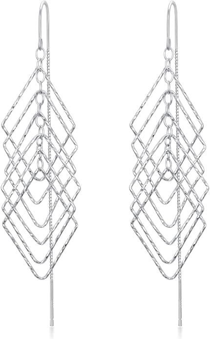 Sterling Silver Threader Earrings Flower Heart Moon Star Tiny Cube Rhombus Sector Beads Dream Catcher Evil Eye Butterfly Leaf Lightning Bolt Tassel Dangle Drop Chain Charm Earrings Jewelry Gifts for Women