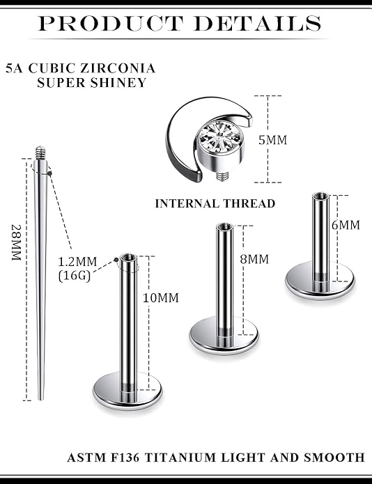 16G Astm F136 Titanium Internal Thread Flat Back Earrings Nose Studs Tragus Forward Helix Conch Cartilage Lobe Earrings Stud Medusa Labret Monroe Lip Ring Piercing Jewelry For Women Men