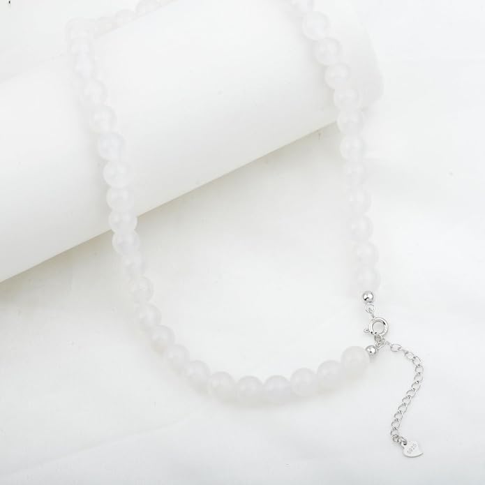 Kakikaki Natural Agate Choker Necklace Sterling Silver Round Beads Strand Necklace for Women