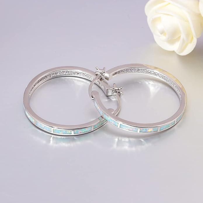 CiNily Opal Hoop Earrings,Women Jewelry Rhodium Plated/Rose Gold or Yellow Gold Plated Gemstone Big Hoop Earrings 32mm